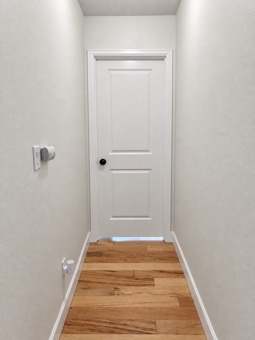 White paneled door and detailed trim against light neutral hallway walls